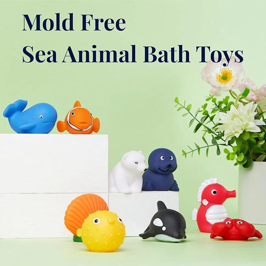 XY-WQ Bath Toys No Hole, for Infants 6-12& Toddlers 1-3, No Hole Bathtub Toys (Sea Animals, 9 Pcs with Mesh Bag)