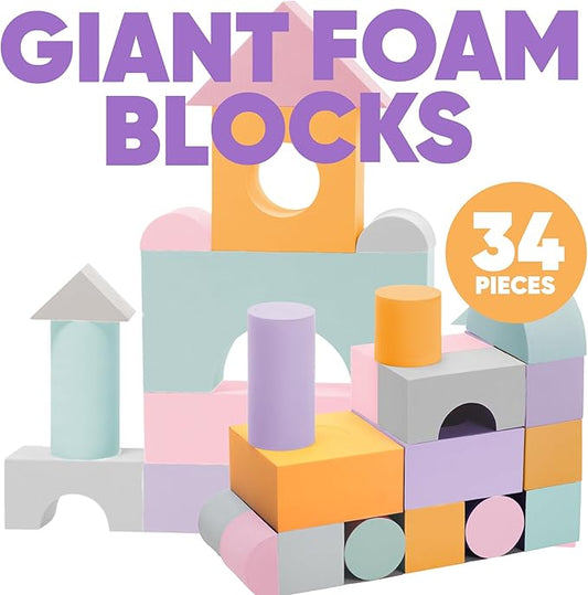 Set of 34 Jumbo Large Foam Blocks for Toddlers - Stacking Soft Blocks for Kids with Shapes & Colors Learning - Construction Building Preschool Toys - Giant Foam Bath Blocks for Toddlers 3-5 & above