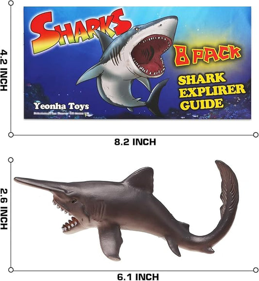 Yeonha Toys 8 Pack Shark Toys with Educational Booklet, Soft Plastic Realistic Shark Figure Set for Kid, Ocean Sea Animal Party Favor, Pool Bath Tub Toy for Toddler Child Boy Girl, Birthday Gift