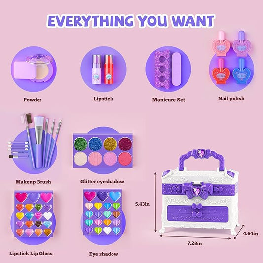 Kids Makeup Sets for Girls, 66pcs Real Cosmetic for Kids Toys with Mirror, Princess Washable Girls Makeup Kit, Non-Toxic & Safe Brithday Gifts for 3 4 5 6 7 8 10 - 12 Years Old(Purple White)