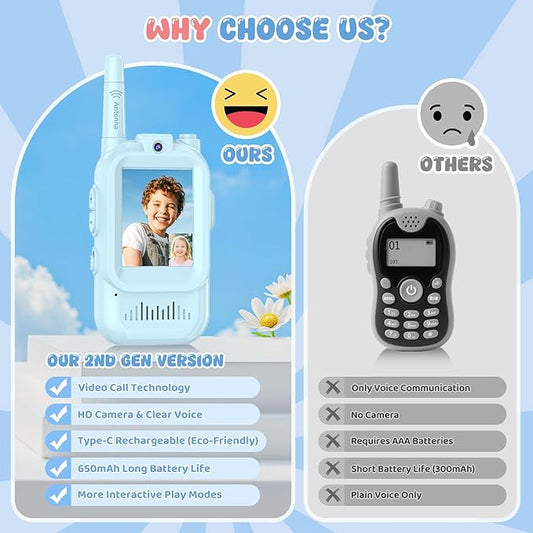 Video Walkie Talkie for Kids - 2 Pack Rechargeable Kids Walkie Talkies Long Range Radios, Video Intercom & Voice Effects, Christmas Birthday Gifts, Toys for Age 3-12 Boys Girls, Indoor Outdoor Travel