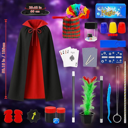 Magic Kit, Magic Tricks for Kids, Magic Set Includes Magic Wand Magician Costume, Pretend Play with Instruction for Kid Beginners, Christmas Halloween Birthday Gift Toys for Boys Girls Age 6-12