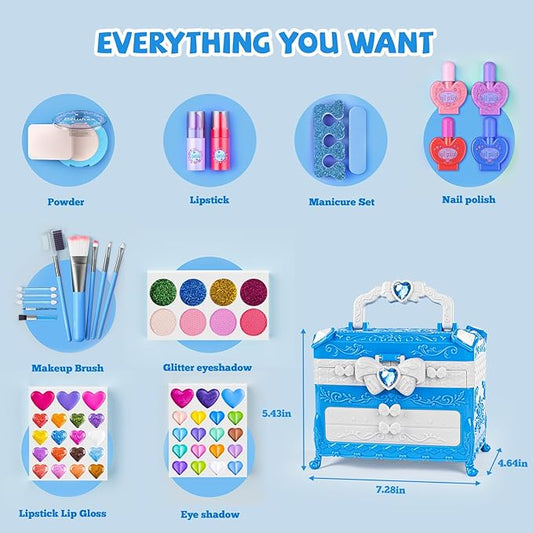 Kids Makeup Sets for Girls, 66pcs Real Cosmetic for Kids Toys with Mirror, Princess Washable Girls Makeup Kit, Non-Toxic & Safe Brithday Gifts for 3 4 5 6 7 8 10 - 12 Years Old(Blue)