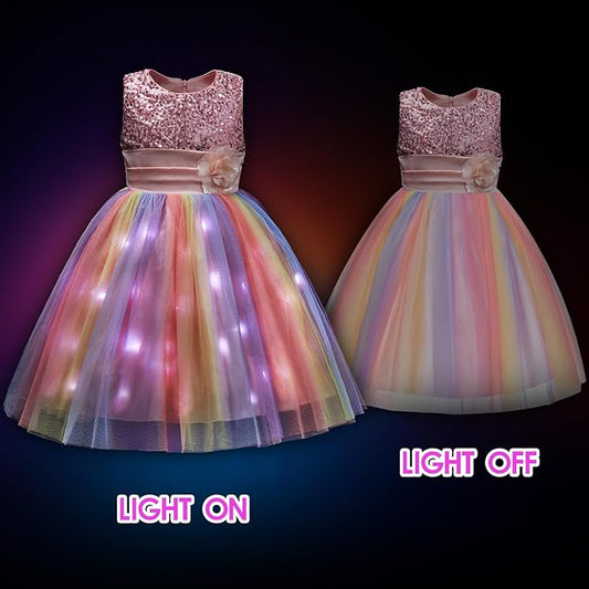 Little Girls Dress Sequin Pink Rainbow Dress Flower Girl Dress Easter Dress Light up Princess Dresses for Toddler Girls Kids Costume for Brithday Wedding Party