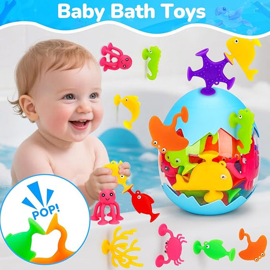 Toddler Suction Cup Bath Toys, Ocean Animal Bath Toys for Kids Ages 1-3 4-8 No Hole Mold Free Bathtub Toys for Toddlers 2-4 3-5 Kids Travel Window Building Toys for 2 3 4 5 Year Old Boys Girls Gifts