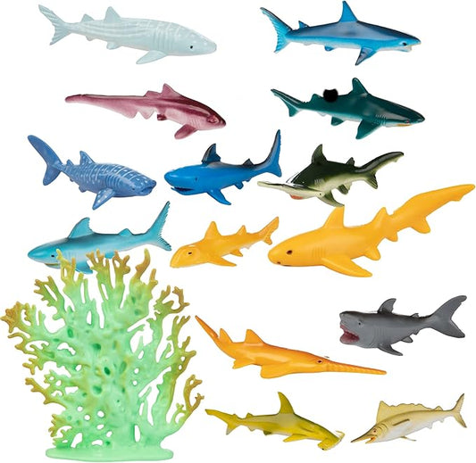 Sharks Toys Action Figure Bucket - 41 pc Toy Playset - Fun Deep Sea Fish Set Includes Great White Shark, Hammerhead, Whale & More - Great Bathtub & Sandbox Toy, Party Decoration & Easter Egg Stuffer