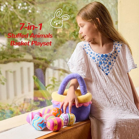 8 Piece Plush Stuffed Playset Toys with 7 Eggs, 1 Furry Bag, Soft Basket Set Sensory Toys for Girls Kids Ages 3+, Birthday Christmas Valentines Easter Party Favors Gifts