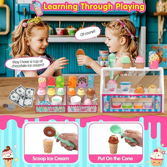 Ice Cream Toys, Wooden Ice Cream Play Set, Pretend Play Toys, 46 Pcs Wooden Play Kitchen Accessories with Menu & Scoop & Menu & Fake Money, Ice Cream Toys for Toddlers 3 4 5 6 Girls Boys Birthday