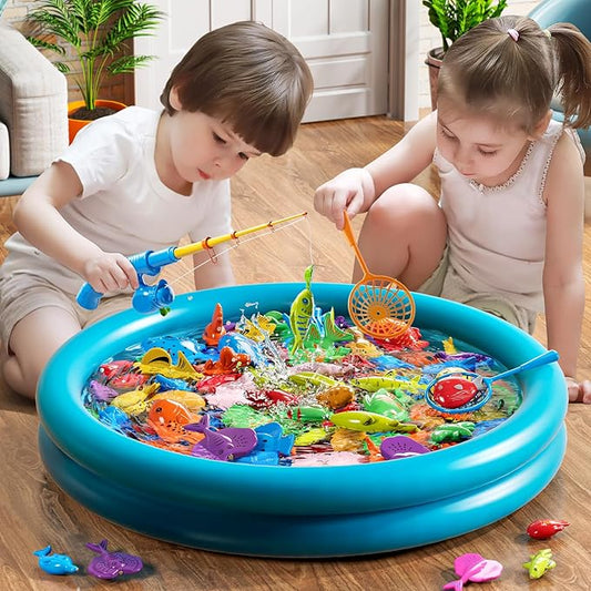 Pool Fishing Toys Games, Water Table Bathtub Toy with Inflatable Pool Pole Rod Net Plastic Floating Fish, Birthday Gifts for Kids Age 3 4 5 6 Year Old,Kids Outdoor Toys