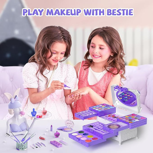 Kids Makeup Sets for Girls, 66pcs Real Cosmetic for Kids Toys with Mirror, Princess Washable Girls Makeup Kit, Non-Toxic & Safe Brithday Gifts for 3 4 5 6 7 8 10 - 12 Years Old(Light Purple)