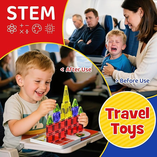 Mini Magnetic Tiles with Iron Case, Magnetic Building Toys Kid's Travel Essential Portable Creativity On-The-Go Magnet Blocks STEM Travel Toys for Toddler Boys Girls Ages 3+, 26-Piece
