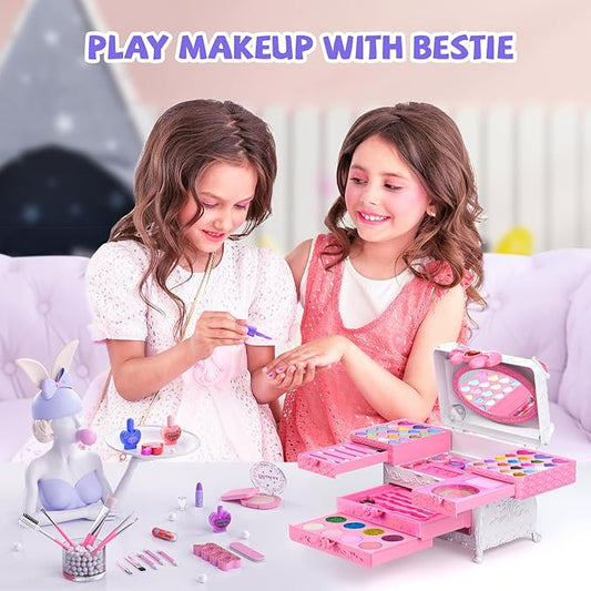 Kids Makeup Sets for Girls, 66pcs Real Cosmetic for Kids Toys with Mirror, Princess Washable Girls Makeup Kit, Non-Toxic & Safe Brithday Gifts for 3 4 5 6 7 8 10 - 12 Years Old(Light Pink)