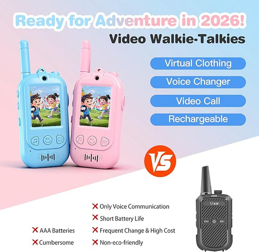 SKYROKU 2nd Gen Video Walkie Talkies for Kids | Outdoor Adventure & Camping Toy with 2000ft Range, Camera & Virtual Costumes | Rechargeable Christmas Birthday Gift for Ages 3-10 (Blue+Pink 2 Pack)