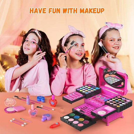 Kids Makeup Sets for Girls, 66pcs Real Cosmetic for Kids Toys with Mirror, Princess Washable Girls Makeup Kit, Non-Toxic & Safe Brithday Gifts for 3 4 5 6 7 8 10 - 12 Years Old(Light Rose)