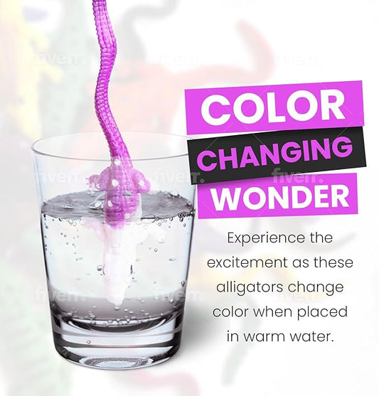 SENSORY4U Color Changing Crocodile Bath Toys – 16 Pack Stretchy Alligator Water Game for Toddlers, 6 Inch Rubber Animal Figure for Sensory Play, Party Favors & Water Table Fun