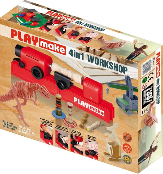 PLAYMAKE 4 in 1 Creative Workshop- Safe for Children from 5 Years - 4 Functions in one Set - Technical Toy for Wood and Cardboard - STEM Education for Children - Sawing, Drilling, Sanding and Turning
