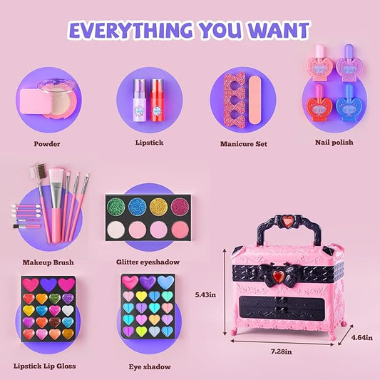 Kids Makeup Sets for Girls, 66pcs Real Cosmetic for Kids Toys with Mirror, Princess Washable Girls Makeup Kit, Non-Toxic & Safe Brithday Gifts for 3 4 5 6 7 8 10 - 12 Years Old（Pink Black）