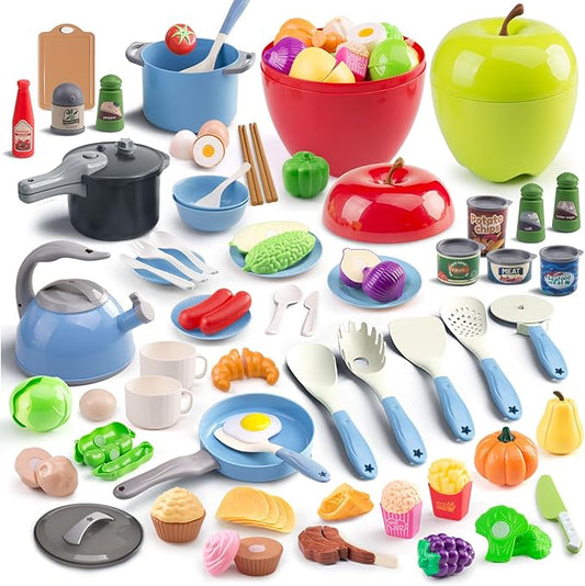 100Pcs Kitchen Playset, Kids Pretend Cooking Play Pots, Pans, Utensils, Cookware, Toy Food Fruits Veggies, with 2 Large Apple - Shaped Storage, Toddler Cooking Learning Gift (Blue