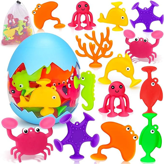 Toddler Suction Cup Bath Toys, Ocean Animal Bath Toys for Kids Ages 1-3 4-8 No Hole Mold Free Bathtub Toys for Toddlers 2-4 3-5 Kids Travel Window Building Toys for 2 3 4 5 Year Old Boys Girls Gifts