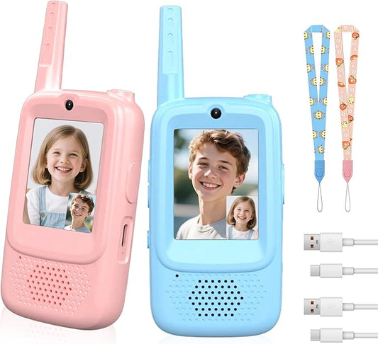 NUFR Video Walkie Talkies Kids Pack of 2, Handheld Long Range Rechargeable Video Intercom Toys with Screen and Voice Changer, One Click Call Walkie Talkie for Girls Boys Indoor Outdoor Games Camping