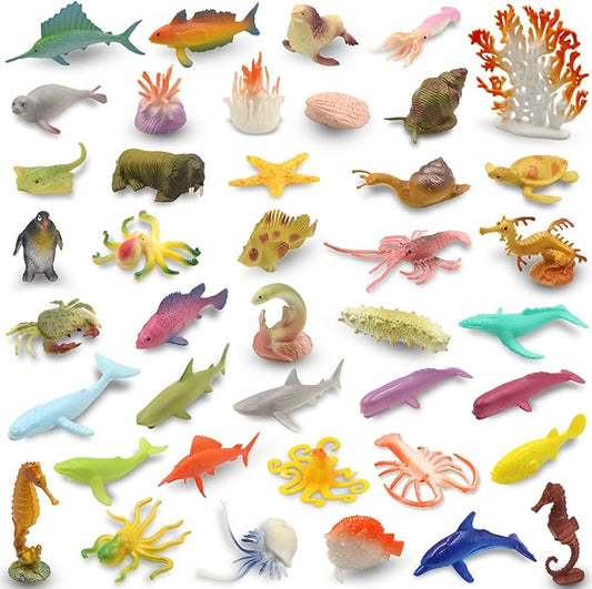 Pinowu Ocean Sea Animal Figurines (50pcs), Assorted Mini Vinyl Rubber Animal Toy Set, Realistic Sea Creature Bath Toy for Child Party Favors Gift, Cupcake Topper, Education, Sensory Bin Filler