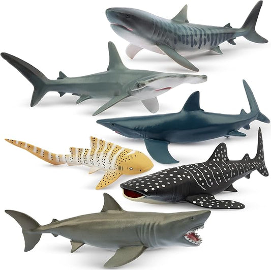 Toymany 6PCS 5-6" L Realistic Shark Bath Toy Figurines, Plastic Ocean Sea Animals Figures Set Includes Great White Shark Cake Toppers Christmas Birthday Gift for Kids Toddlers