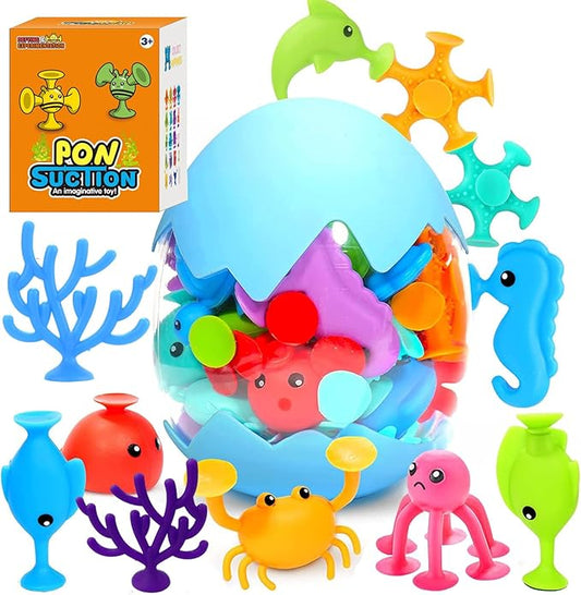 Suction Bath Toys 30pcs for Kids - Fine Motor Window Toys, Silicone Ocean Animal Suction Cup Toys with Dinosaur Eggshell, Sensory Travel Toys for Toddlers, Great for Autism/ADD/ADHD.