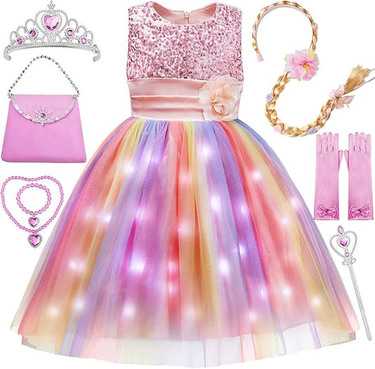 Princess Dresses for Girls Light Up Rainbow Dress Toddler Costume for Halloween Christmas Brithday Wedding Party, 9-10 Years, Pink