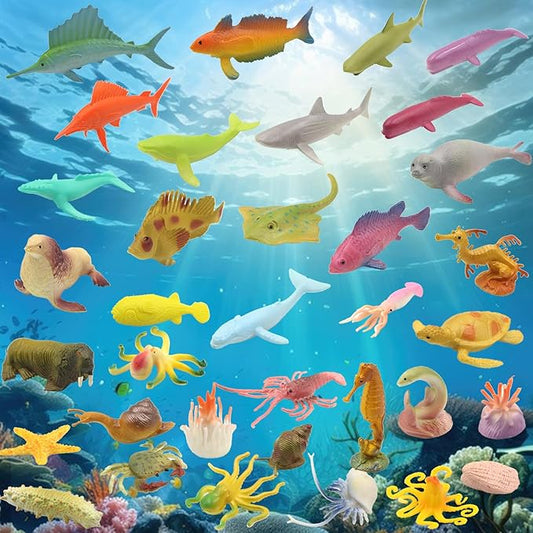 Pinowu Ocean Sea Animal Figurines (50pcs), Assorted Mini Vinyl Rubber Animal Toy Set, Realistic Sea Creature Bath Toy for Child Party Favors Gift, Cupcake Topper, Education, Sensory Bin Filler
