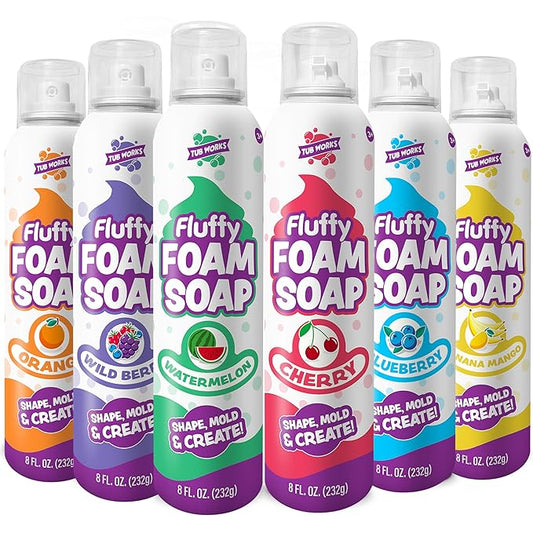 Tub Works® Fluffy Foam Soap, Variety 6 Pack | Shape, Mold & Create Bath Art with Soft Bath Foam for Kids | Gentle, Cleansing Kids Bath Soap | Easy-to-Use Spray Nozzles | Fruity, Fun Bath Colors