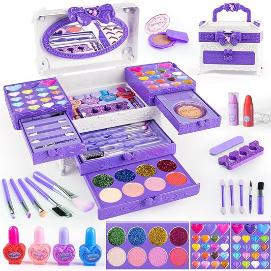Kids Makeup Sets for Girls, 66pcs Real Cosmetic for Kids Toys with Mirror, Princess Washable Girls Makeup Kit, Non-Toxic & Safe Brithday Gifts for 3 4 5 6 7 8 10 - 12 Years Old（Light Purple）