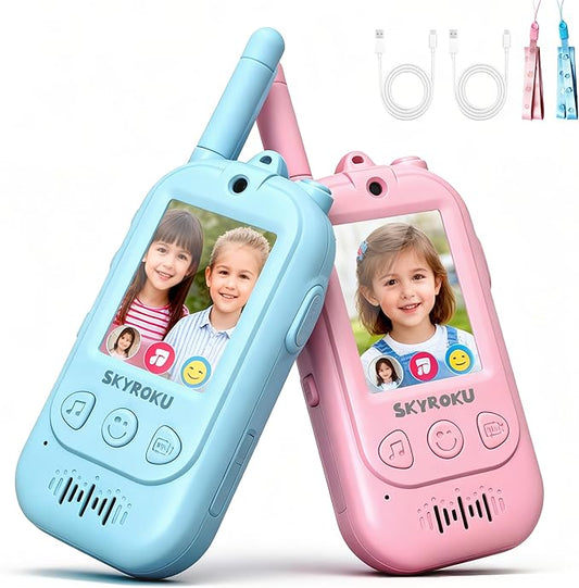 SKYROKU 2nd Gen Video Walkie Talkies for Kids | Outdoor Adventure & Camping Toy with 2000ft Range, Camera & Virtual Costumes | Rechargeable Christmas Birthday Gift for Ages 3-10 (Blue+Pink 2 Pack)