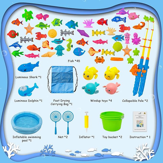 Kiditos 60PCS Magnetic Fishing Bath Game Set, Swimming Fish for Bathtub, Water Table Toys for Toddlers Kids Age 3-6, Pool Toys for Pretend Play, Education Teaching & Learning Colors