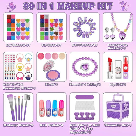 99 Pcs Kids Makeup Kit for Girls, Princess Toys Real Washable Cosmetics Set with Mirror, Hair Ties, Nails, Rings, Earrings, Necklace, Perfect for 3 4 5 6 7 8 Year Old Girls Birthday