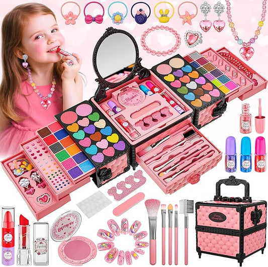 99 Pcs Kids Makeup Kit for Girls, Princess Toys Real Washable Cosmetics Set with Mirror, Hair Ties, Nails, Rings, Earrings, Necklace, Perfect for 3 4 5 6 7 8 Year Old Girls Birthday