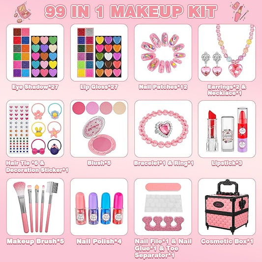 99 Pcs Kids Makeup Kit for Girls, Princess Toys Real Washable Cosmetics Set with Mirror, Hair Ties, Nails, Rings, Earrings, Necklace, Perfect for 3 4 5 6 7 8 Year Old Girls Birthday
