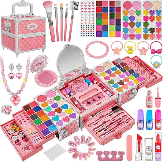 99 Pcs Kids Makeup Kit for Girls, Princess Toys Real Washable Cosmetics Set with Mirror, Hair Ties, Nails, Rings, Earrings, Necklace, Perfect for 3 4 5 6 7 8 Year Old Girls Birthday